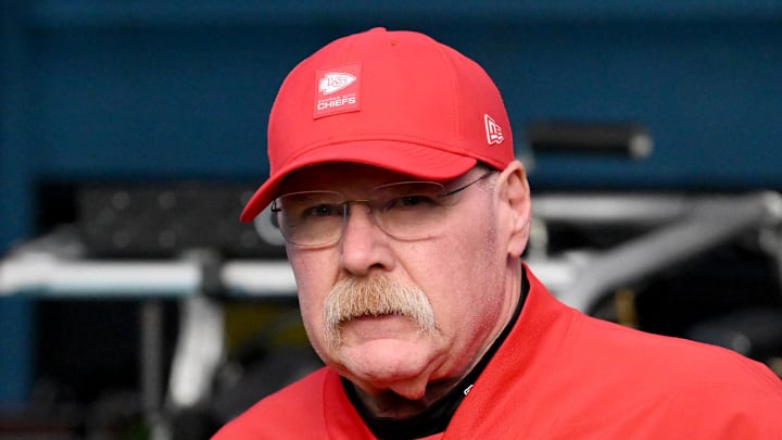 Dec 21, 2025; Nashville, Tennessee, USA; Kansas City Chiefs head coach Andy Reid before a game against the Tennessee Titans at Nissan Stadium. Mandatory Credit: Steve Roberts-Imagn Images