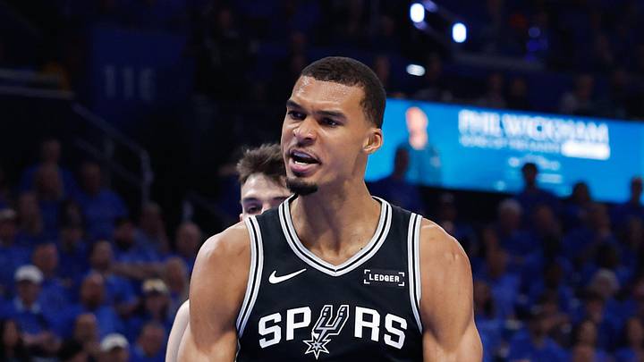 May 18, 2026; Oklahoma City, Oklahoma, USA; San Antonio Spurs center Victor Wembanyama (1) reacts after a dunk in the second quarter against the Oklahoma City Thunder during game one of the western conference finals for the 2026 NBA playoffs at Paycom Center. Mandatory Credit: Alonzo Adams-Imagn Images