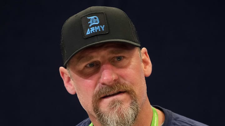 Detroit Lions coach Dan Campbell speaks during the NFL Scouting Combine at the Indiana Convention Center Detroit Lions coach Dan Campbell speaks during the NFL Scouting Combine at the Indiana Convention Center