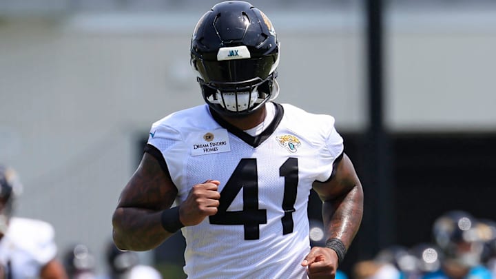 Jacksonville Jaguars defensive end Josh Hines-Allen (41) runs on the field during the first organized team activity at Miller Electric Center Monday, May 19, 2025 in Jacksonville, Fla. Jacksonville Jaguars defensive end Josh Hines-Allen (41) runs on the field during the first organized team activity at Miller Electric Center Monday, May 19, 2025 in Jacksonville, Fla.
