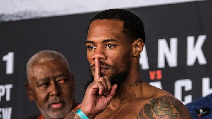 WBA Super Lightweight Champion Lamont Roach steps on the scale and makes weight on February 28, 2025.