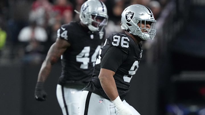 Dec 16, 2024; Paradise, Nevada, USA; Las Vegas Raiders defensive tackle Jonah Laulu (96) celebrates after a sack against the Atlanta Falcons in the first half at Allegiant Stadium. Mandatory Credit: Kirby Lee-Imagn Images