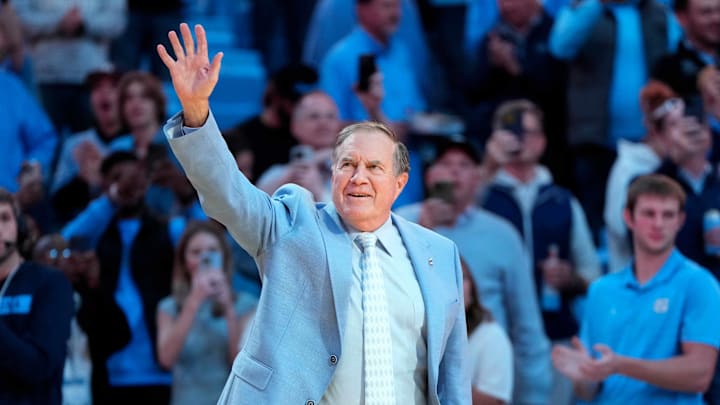 Dec 14, 2024; Chapel Hill, North Carolina, USA; North Carolina Tar Heels head football coach Bill Belichick is introduced during half time at Dean E. Smith Center. Mandatory Credit: Bob Donnan-Imagn Images