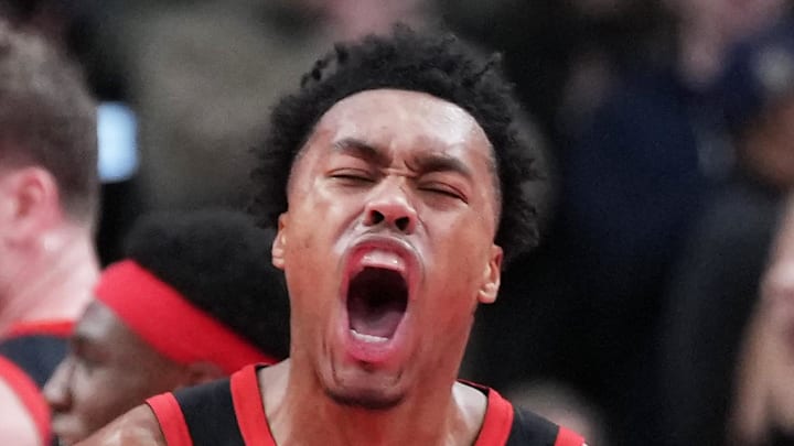 Toronto Raptors forward Scottie Barnes celebrates the win against the Indiana Pacers.