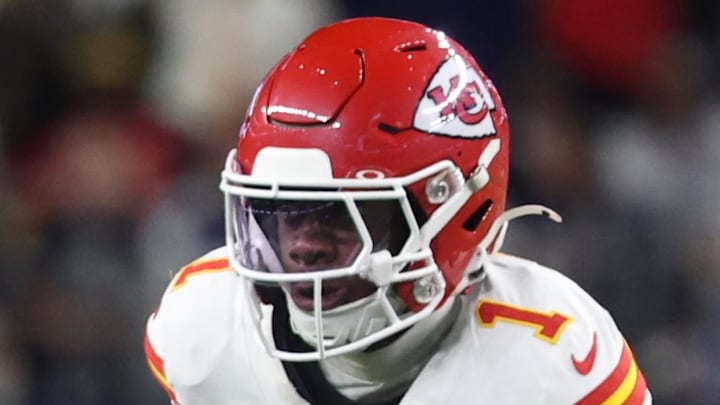 Nov 27, 2025; Arlington, Texas, USA; Kansas City Chiefs wide receiver Xavier Worthy (1) runs after a catch against Dallas Cowboys safety Markquese Bell (14) during the fourth quarter at AT&T Stadium. Mandatory Credit: Kevin Jairaj-Imagn Images