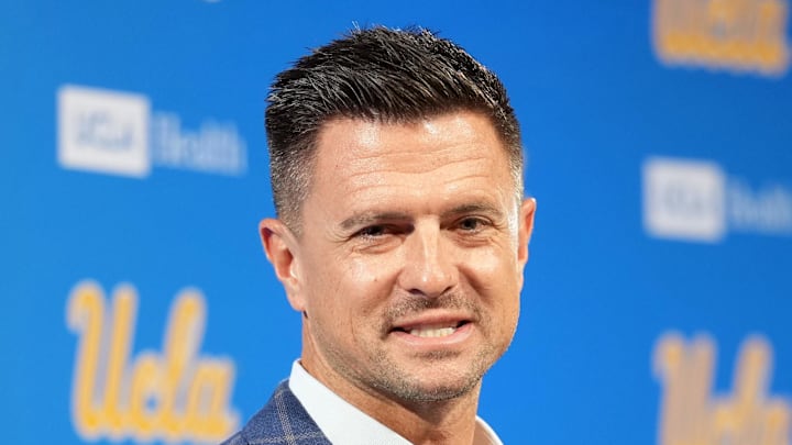 Dec 9, 2025; Los Angeles, CA, USA; UCLA Bruins football coach Bob Chesney speaks at introductory press conference at Renee Luskin Conference Center Centennial Ballroom. Mandatory Credit: Kirby Lee-Imagn Images