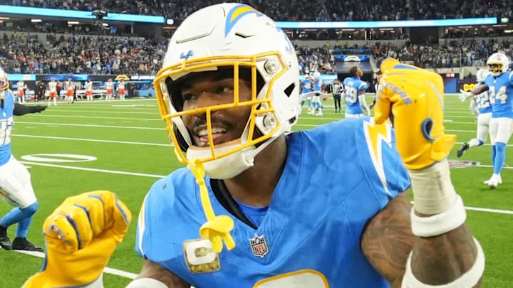 Nov 17, 2024; Inglewood, California, USA; Los Angeles Chargers safety Derwin James Jr. (3) celebrates at the end of the game against the Cincinnati Bengals at SoFi Stadium. Mandatory Credit: Kirby Lee-Imagn Images