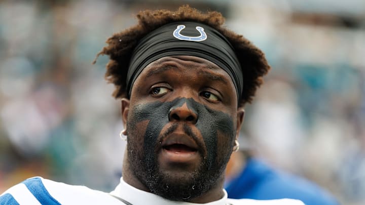 Dec 7, 2025; Jacksonville, Florida, USA; Indianapolis Colts defensive end Kwity Paye (51) looks on before a game against the Jacksonville Jaguars at EverBank Stadium. Mandatory Credit: Matt Pendleton-Imagn Images