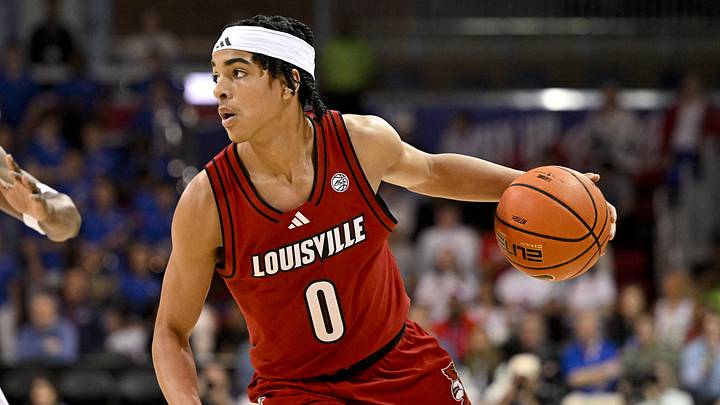 Feb 17, 2026; Dallas, Texas, USA; Louisville Cardinals guard Mikel Brown Jr. (0) brings the ball up court against the SMU Mustangs during the first half at Moody Coliseum. Mandatory Credit: Jerome Miron-Imagn Images Feb 17, 2026; Dallas, Texas, USA; Louisville Cardinals guard Mikel Brown Jr. (0) brings the ball up court against the SMU Mustangs during the first half at Moody Coliseum. Mandatory Credit: Jerome Miron-Imagn Images
