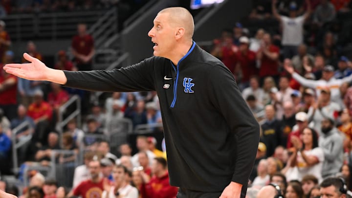 Mar 22, 2026; St. Louis, MO, USA; Kentucky Wildcats head coach Mark Pope speaks to the referee during the first half against the Iowa State Cyclones during a second round game of the men's 2026 NCAA Tournament at Enterprise Center. Mandatory Credit: Jeff Curry-Imagn Images Mar 22, 2026; St. Louis, MO, USA; Kentucky Wildcats head coach Mark Pope speaks to the referee during the first half against the Iowa State Cyclones during a second round game of the men's 2026 NCAA Tournament at Enterprise Center. Mandatory Credit: Jeff Curry-Imagn Images