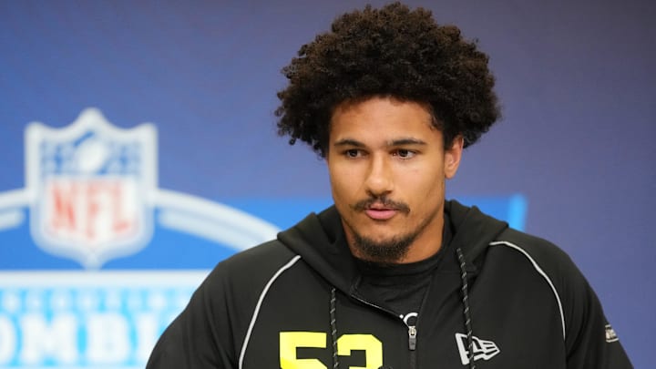 Texas defensive lineman Trey Moore speaks during the NFL Scouting Combine at the Indiana Convention Center Texas defensive lineman Trey Moore speaks during the NFL Scouting Combine at the Indiana Convention Center
