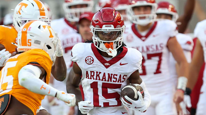 Arkansas Razorbacks wide receiver Kam Shanks (15) runs the ball against the Tennessee Volunteers during the second half at Neyland Stadium. Arkansas Razorbacks wide receiver Kam Shanks (15) runs the ball against the Tennessee Volunteers during the second half at Neyland Stadium.