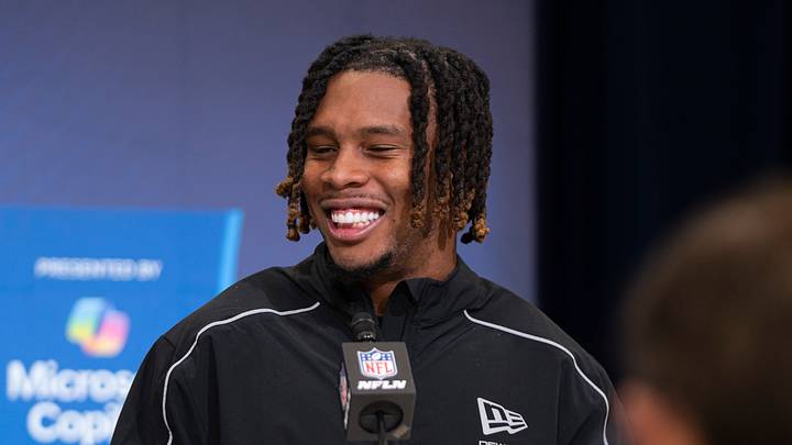 Feb 26, 2026; Indianapolis, IN, USA; Arizona State defensive back Keith Abney II (DB01) speaks to members of the media during the NFL Combine at the Indiana Convention Center. Mandatory Credit: Jacob Musselman-Imagn Images