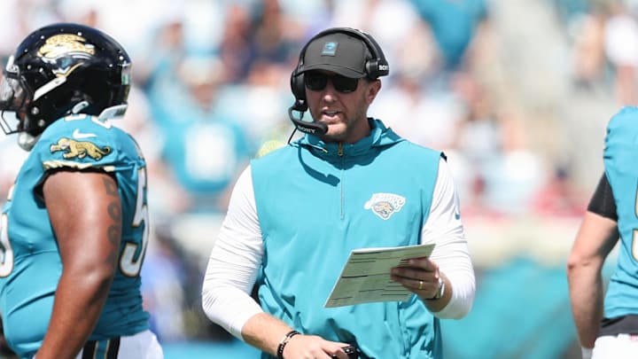 Sep 21, 2025; Jacksonville, Florida, USA; Jacksonville Jaguars head coach Liam Coen directs in between plays during the third quarter against the Houston Texans at EverBank Stadium. Mandatory Credit: Morgan Tencza-Imagn Images