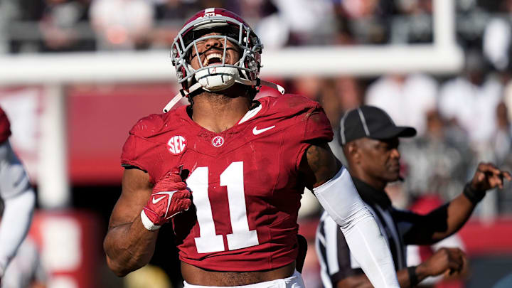 Alabama Crimson Tide linebacker Jihaad Campbell celebrates after sacking Mercer quarterback Whitt Newbauer.