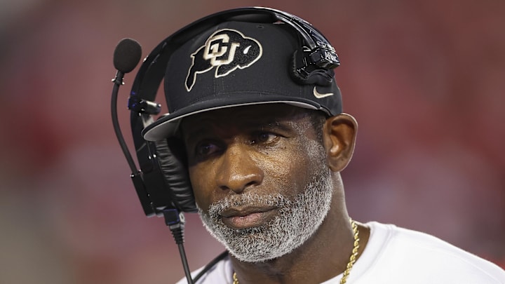Sep 12, 2025; Houston, Texas, USA; Colorado Buffaloes head coach Deion Sanders looks on from the sideline during the first half against the Houston Cougars at TDECU Stadium. 
