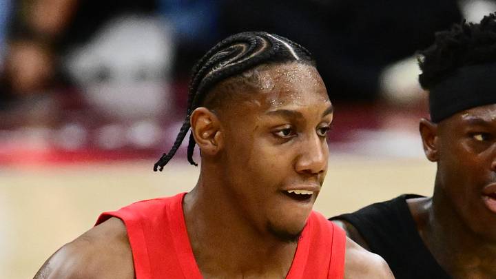 Toronto Raptors forward RJ Barrett drives to the basket against Cleveland Cavaliers guard Dennis Schroder. Toronto Raptors forward RJ Barrett drives to the basket against Cleveland Cavaliers guard Dennis Schroder.