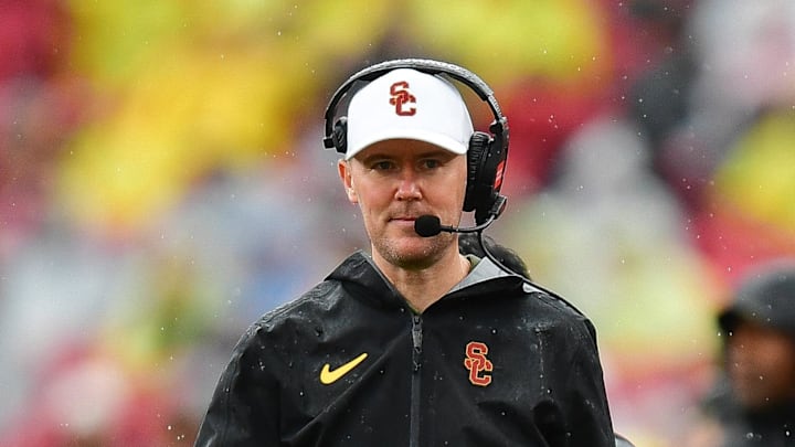 Nov 15, 2025; Los Angeles, California, USA; Southern California Trojans head coach Lincoln Riley watches game action against the Iowa Hawkeyes during the first half at the Los Angeles Memorial Coliseum. Mandatory Credit: Gary A. Vasquez-Imagn Images Nov 15, 2025; Los Angeles, California, USA; Southern California Trojans head coach Lincoln Riley watches game action against the Iowa Hawkeyes during the first half at the Los Angeles Memorial Coliseum. Mandatory Credit: Gary A. Vasquez-Imagn Images