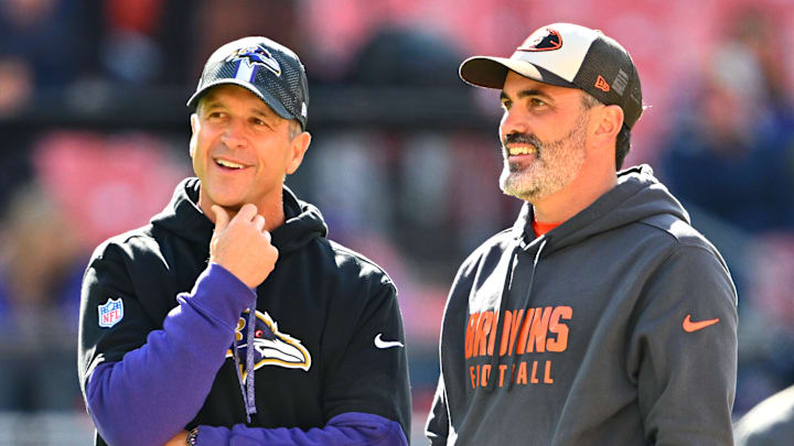 NFL coaches John Harbaugh, left, and Kevin Stefanski