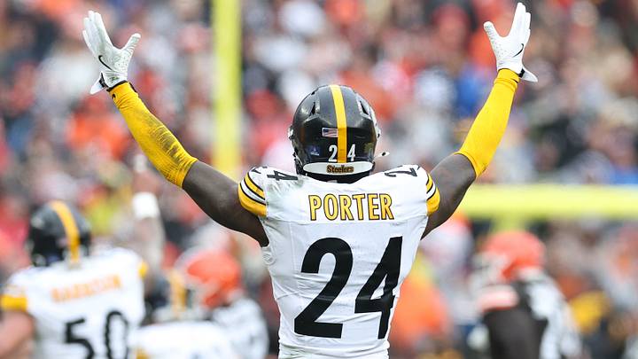 Dec 28, 2025; Cleveland, Ohio, USA; Pittsburgh Steelers cornerback Joey Porter Jr. (24) reacts in the second quarter against the Cleveland Browns at Huntington Bank Field. Mandatory Credit: Scott Galvin-Imagn Images Dec 28, 2025; Cleveland, Ohio, USA; Pittsburgh Steelers cornerback Joey Porter Jr. (24) reacts in the second quarter against the Cleveland Browns at Huntington Bank Field. Mandatory Credit: Scott Galvin-Imagn Images