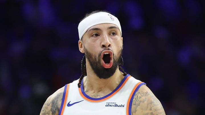 Feb 11, 2026; Philadelphia, Pennsylvania, USA; New York Knicks guard Jose Alvarado (5) reacts to his three pointer against the Philadelphia 76ers during the first half at Xfinity Mobile Arena. Mandatory Credit: Bill Streicher-Imagn Images