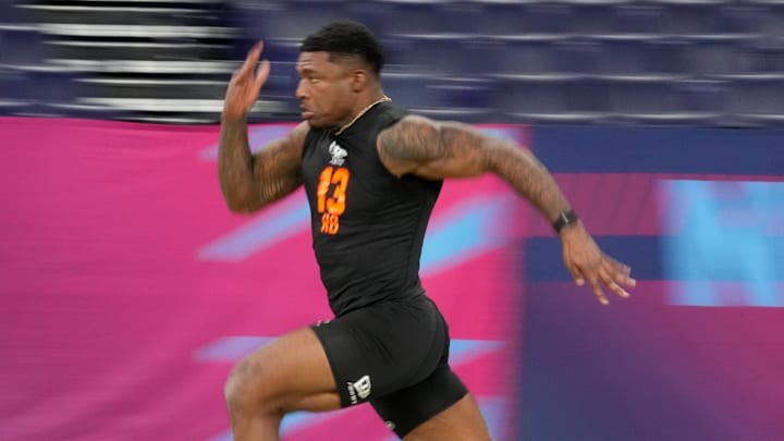 Feb 28, 2026; Indianapolis, IN, USA; Alabama running back Jam Miller (RB13) during the NFL Scouting Combine at Lucas Oil Stadium. Mandatory Credit: Kirby Lee-Imagn Images