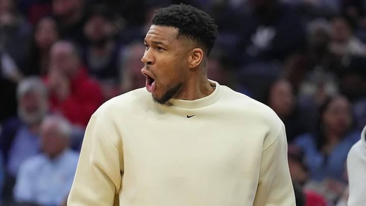 Milwaukee Bucks forward Giannis Antetokounmpo reacts (Mandatory Credit: Kyle Ross-Imagn Images)