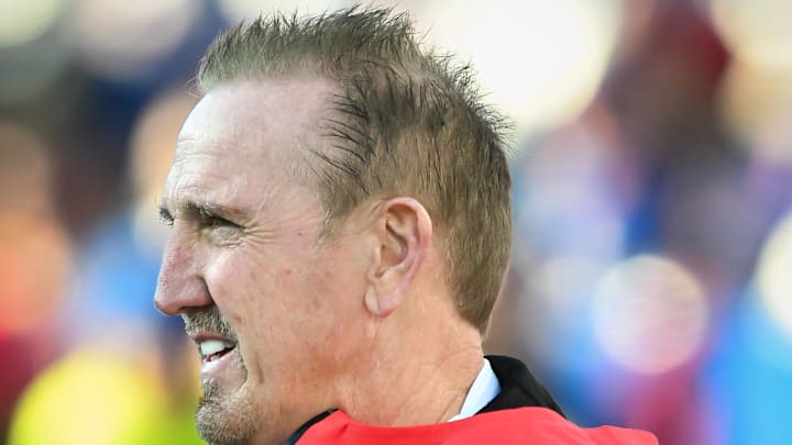 Nov 2, 2025; Orchard Park, New York, USA; Kansas City Chiefs defensive coordinator Steve Spagnuolo on the field before a game against the Buffalo Bills at Highmark Stadium. Mandatory Credit: Mark Konezny-Imagn Images