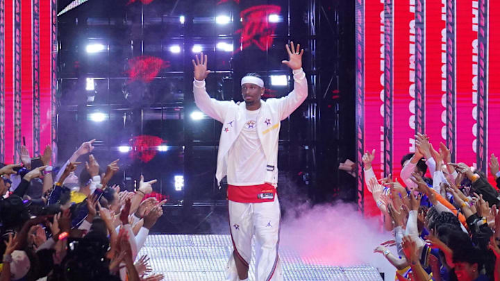 Feb 16, 2025; San Francisco, CA, USA; Chuckís Global Stars guard Shai Gilgeous-Alexander (2) of the Oklahoma City Thunder during introductions before the 2025 NBA All Star Game at Chase Center. Mandatory Credit: Cary Edmondson-Imagn Images