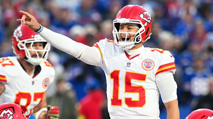 Nov 2, 2025; Orchard Park, New York, USA; Kansas City Chiefs quarterback Patrick Mahomes (15) communicates before a play in the second quarter against the Buffalo Bills at Highmark Stadium. Mandatory Credit: Mark Konezny-Imagn Images