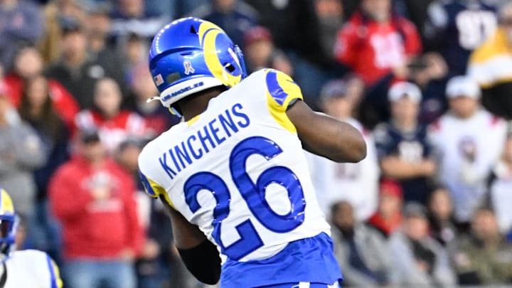Nov 17, 2024; Foxborough, Massachusetts, USA;  Los Angeles Rams safety Kamren Kinchens (26) intercepts a pass during the second half against the New England Patriots at Gillette Stadium. Mandatory Credit: Eric Canha-Imagn Images