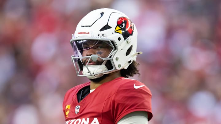 Jan 5, 2025; Glendale, Arizona, USA; Arizona Cardinals quarterback Kyler Murray (1) against the San Francisco 49ers at State Farm Stadium. Mandatory Credit: Mark J. Rebilas-Imagn Images