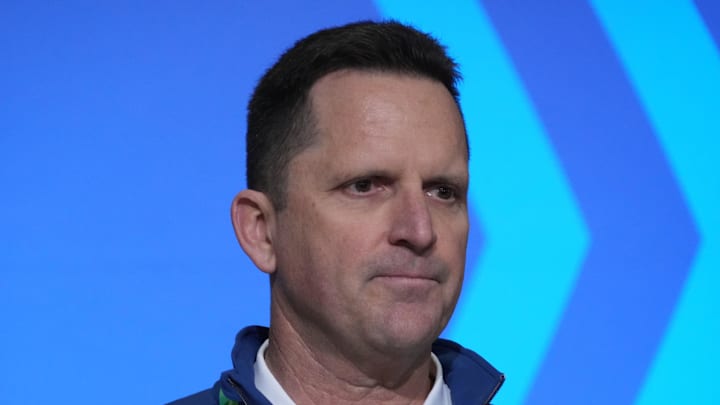 Feb 28, 2023; Indianapolis, IN, USA; Denver Broncos general manager George Paton during the NFL combine at the Indiana Convention Center. Mandatory Credit: Kirby Lee-Imagn Images Feb 28, 2023; Indianapolis, IN, USA; Denver Broncos general manager George Paton during the NFL combine at the Indiana Convention Center. Mandatory Credit: Kirby Lee-Imagn Images
