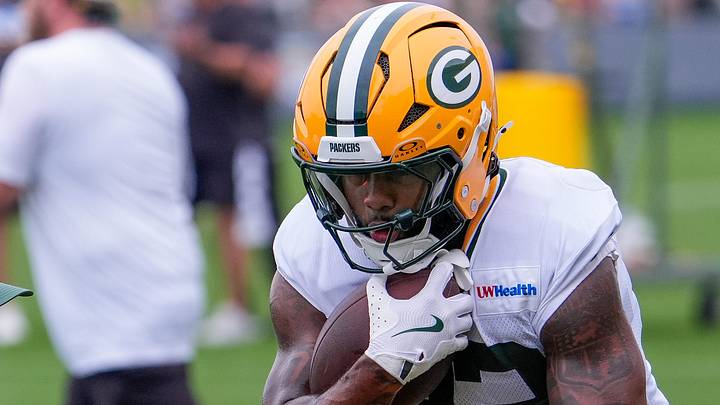 Green Bay Packers running back Pierre Strong Jr. goes through drills during training camp. Green Bay Packers running back Pierre Strong Jr. goes through drills during training camp.