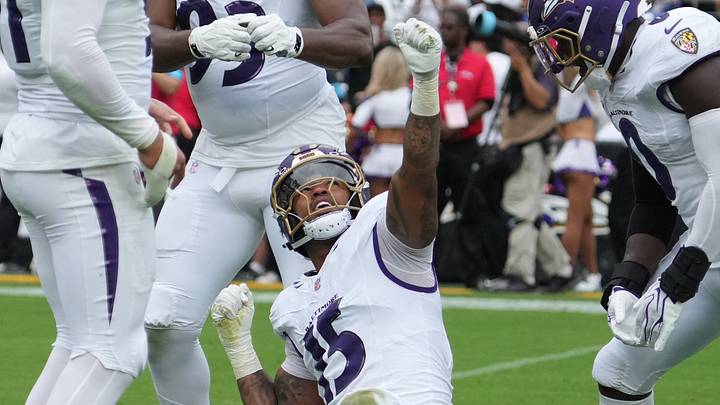Baltimore Ravens linebacker Mike Green (15) celebrates a sack against the New Orleans Saints at M&T Bank Stadium.