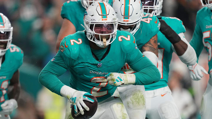 Miami Dolphins linebacker Bradley Chubb (2) celebrates recovering a fumble against the Tennessee Titans during the second half of an NFL game at Hard Rock Stadium in Miami Gardens, Dec. 11, 2023.