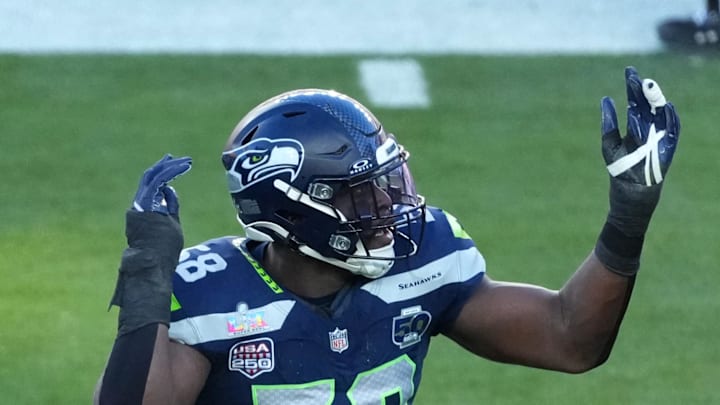 Seattle Seahawks linebacker Derick Hall reacts after a sack against the New England Patriots.