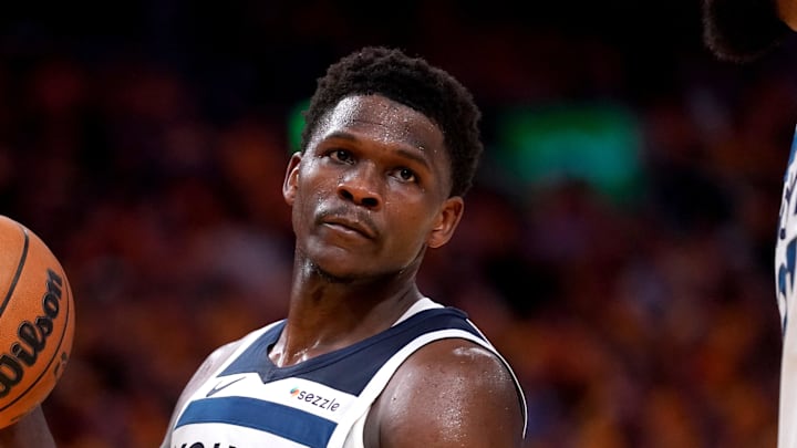 May 12, 2025; San Francisco, California, USA; Minnesota Timberwolves guard Anthony Edwards (5) holds onto the ball after being called for a foul against the Golden State Warriors in the third quarter during game four of the second round for the 2025 NBA Playoffs at Chase Center. Mandatory Credit: Cary Edmondson-Imagn Images May 12, 2025; San Francisco, California, USA; Minnesota Timberwolves guard Anthony Edwards (5) holds onto the ball after being called for a foul against the Golden State Warriors in the third quarter during game four of the second round for the 2025 NBA Playoffs at Chase Center. Mandatory Credit: Cary Edmondson-Imagn Images
