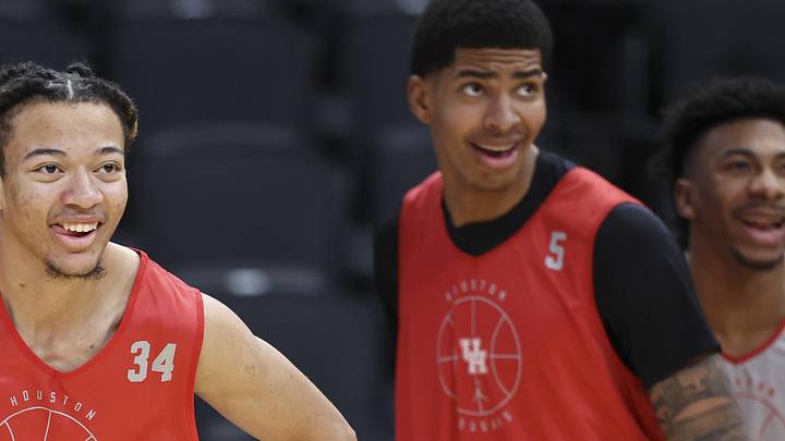 Mar 25, 2026; Houston, TX, USA; Houston Cougars guard Kingston Flemings (4) during a practice session ahead of the south regional of the men's 2026 NCAA Tournament at Toyota Center. Mandatory Credit: Troy Taormina-Imagn Images