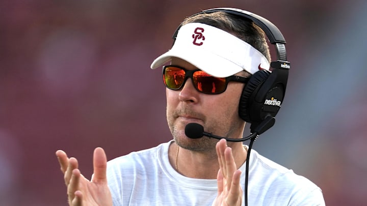 Sep 3, 2022; Los Angeles, California, USA; Southern California Trojans head coach Lincoln Riley reacts in the second half against the Rice Owls at United Airlines Field at Los Angeles Memorial Coliseum. Mandatory Credit: Kirby Lee-Imagn Images