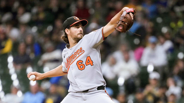 May 19, 2025; Milwaukee, Wisconsin, USA; Baltimore Orioles pitcher Dean Kremer (64) throws a pitch during the fifth inning against the Milwaukee Brewers at American Family Field. May 19, 2025; Milwaukee, Wisconsin, USA; Baltimore Orioles pitcher Dean Kremer (64) throws a pitch during the fifth inning against the Milwaukee Brewers at American Family Field.