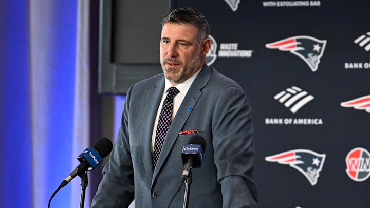 Jan 13, 2025; Foxborough, MA, USA; Mike Vrabel addresses media at a press conference to announce his hiring as the head coach of the New England Patriots at Gillette Stadium. Mandatory Credit: Eric Canha-Imagn Images Jan 13, 2025; Foxborough, MA, USA; Mike Vrabel addresses media at a press conference to announce his hiring as the head coach of the New England Patriots at Gillette Stadium. Mandatory Credit: Eric Canha-Imagn Images