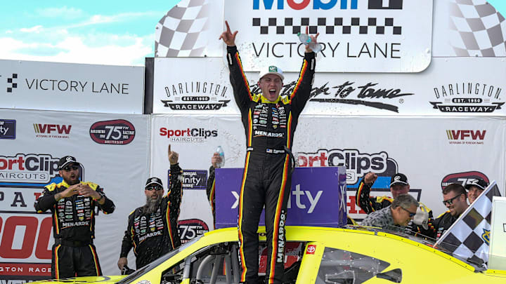 NASCAR Xfinity Series driver Brandon Jones (20) celebrates his win in victory lane during the Great Clips 200 at Darlington Raceway Aprii 5, 2025. He will make his second Craftsman Truck Series start of the season, sponsored by the University of Arkansas' College of Engineering Friday, April 11 at Bristol Motor Speedway.