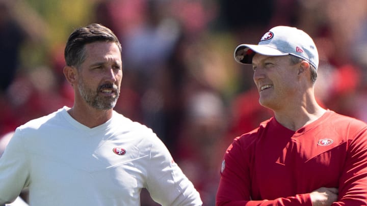 San Francisco 49ers head coach Kyle Shanahan (left) and general manager John Lynch (right)