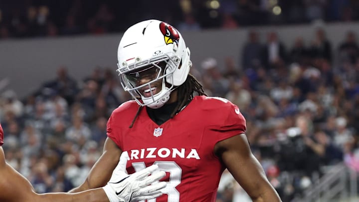 Nov 3, 2025; Arlington, Texas, USA; Arizona Cardinals wide receiver Marvin Harrison Jr. (18) celebrates with tight end Elijah Higgins (84) after scoring a touchdown against the Dallas Cowboys in the first half at AT&T Stadium. Mandatory Credit: Kevin Jairaj-Imagn Images