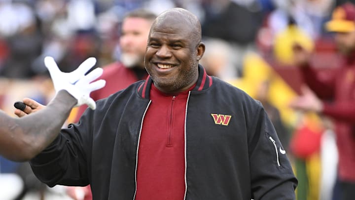 Jan 7, 2024; Landover, Maryland, USA; Washington Commanders offensive coordinator Eric Bieniemy on the field before the game against the Dallas Cowboys at FedExField. Mandatory Credit: Brad Mills-Imagn Images