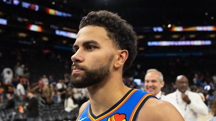 Apr 27, 2026; Phoenix, Arizona, USA; Oklahoma City Thunder guard Ajay Mitchell (25) against the Phoenix Suns during game four of the first round of the 2026 NBA Playoffs at Mortgage Matchup Center. Mandatory Credit: Mark J. Rebilas-Imagn Images Apr 27, 2026; Phoenix, Arizona, USA; Oklahoma City Thunder guard Ajay Mitchell (25) against the Phoenix Suns during game four of the first round of the 2026 NBA Playoffs at Mortgage Matchup Center. Mandatory Credit: Mark J. Rebilas-Imagn Images
