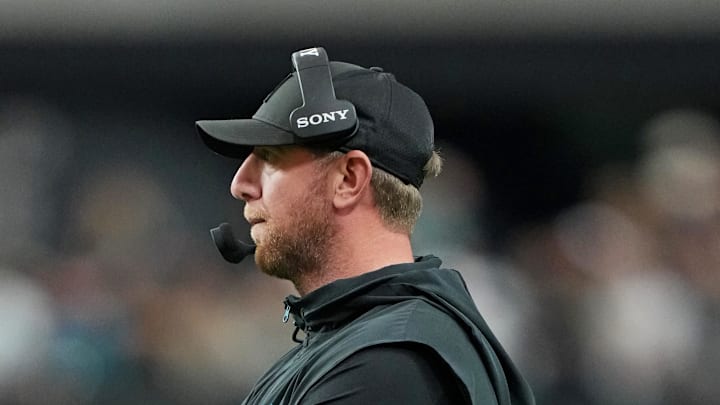 Nov 2, 2025; Paradise, Nevada, USA; Jacksonville Jaguars head coach Liam Coen looks on during the second half against the Las Vegas Raiders at Allegiant Stadium. Mandatory Credit: Kirby Lee-Imagn Images