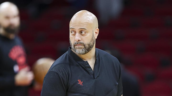 Oct 29, 2023; Houston, Texas, USA; Houston Rockets general manager Rafael Stone watches during practice before the game against the Golden State Warriors at Toyota Center. Mandatory Credit: Troy Taormina-Imagn Images