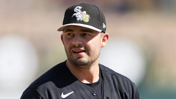 Mar 2, 2026; Phoenix, Arizona, USA; Chicago White Sox pitcher Brandon Eisert against the San Francisco Giants during a spring training game at Camelback Ranch-Glendale. Mandatory Credit: Mark J. Rebilas-Imagn Images